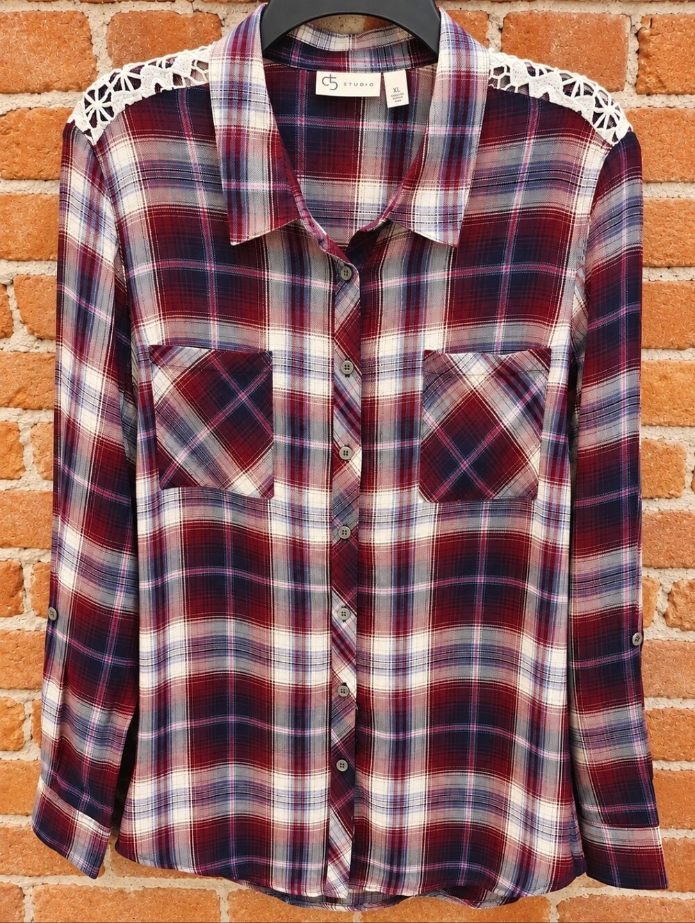 C5 Studio Plaid Lace Shoulder Button Down Shirt XL Burgundy Boho